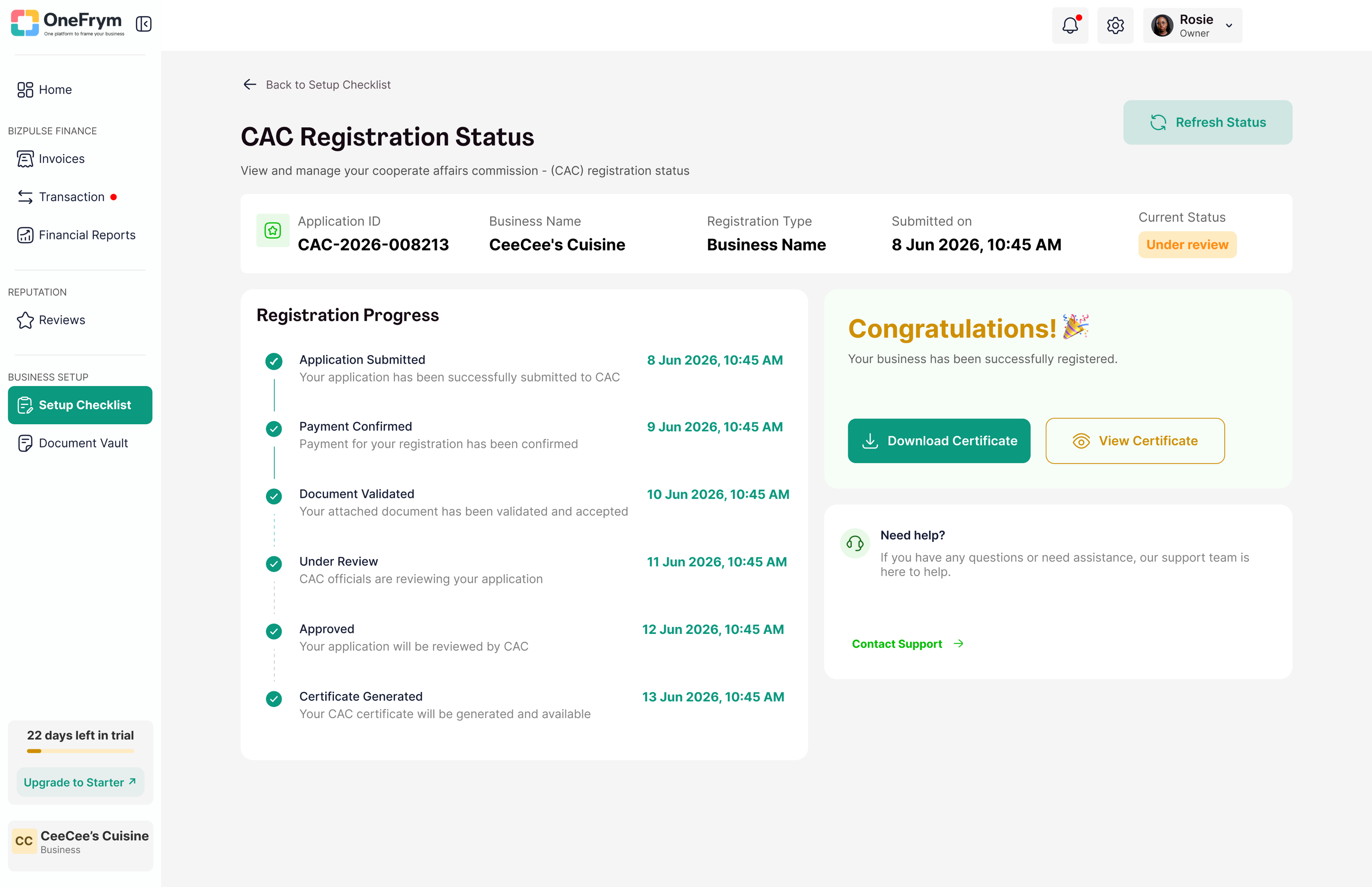 CAC registration status tracked inside OneFrym