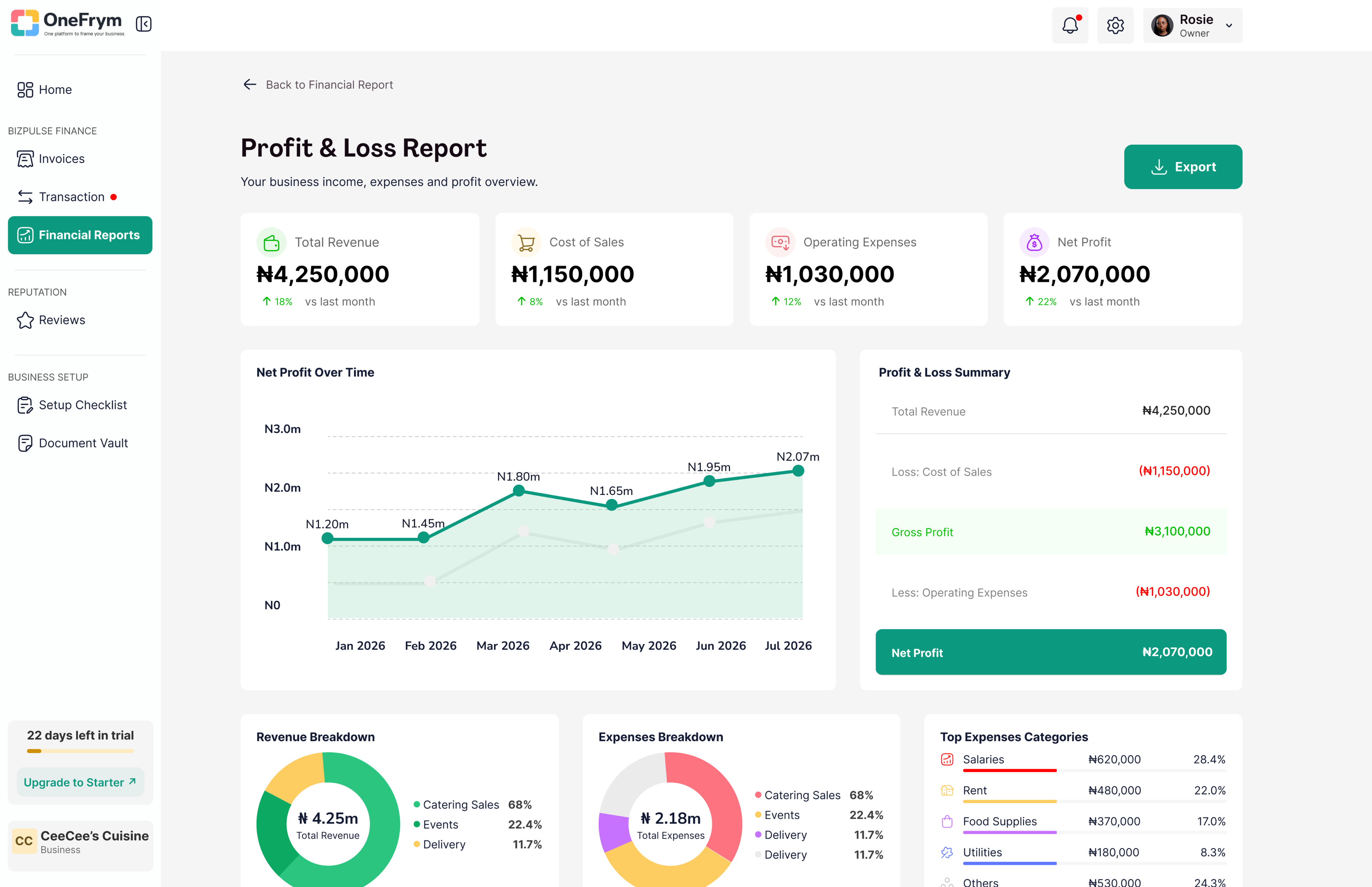 Profit and loss report in OneFrym