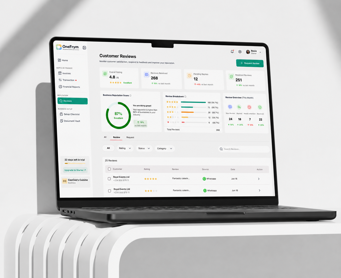 Customer reviews dashboard open on a laptop