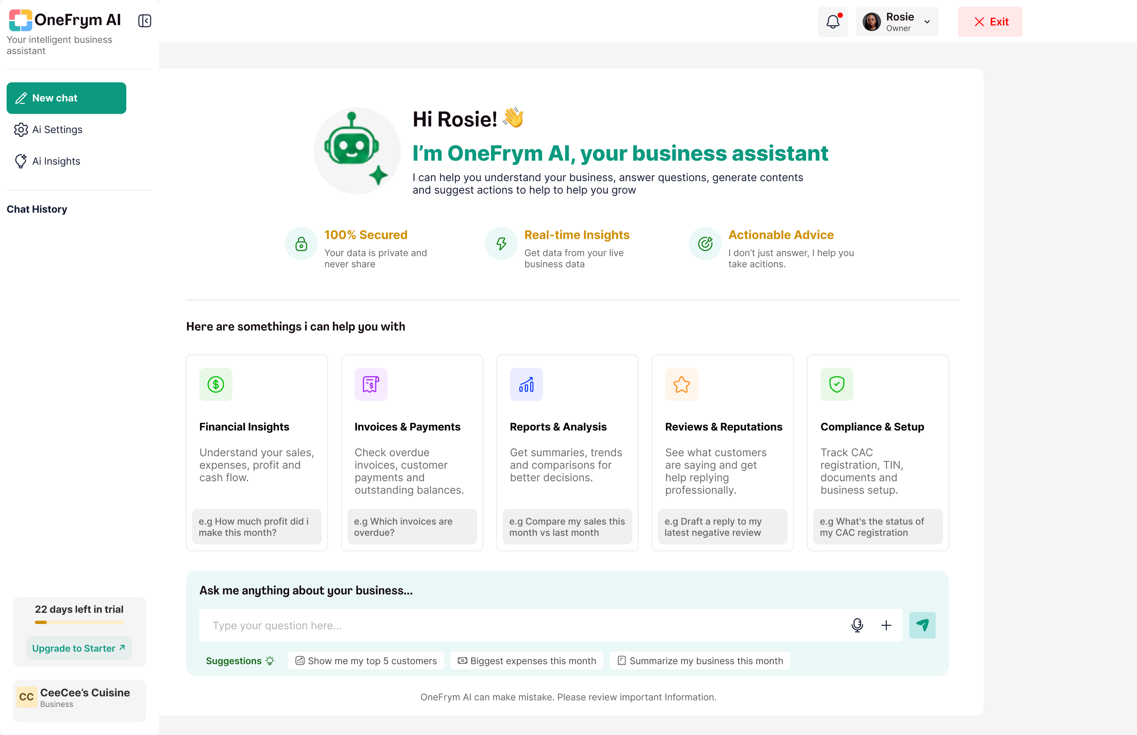 OneFrym AI answering questions about the business