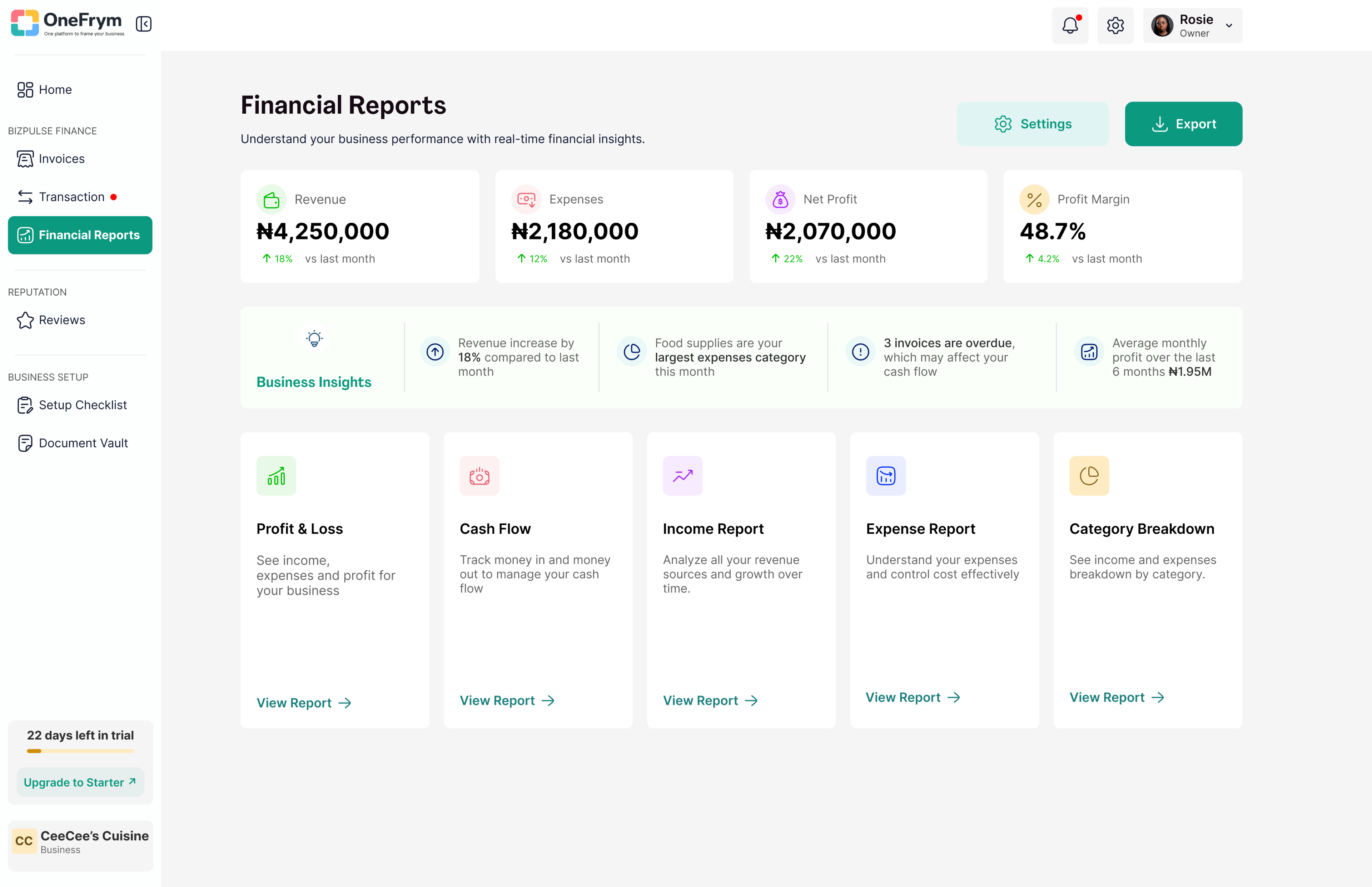 Financial reports overview in OneFrym