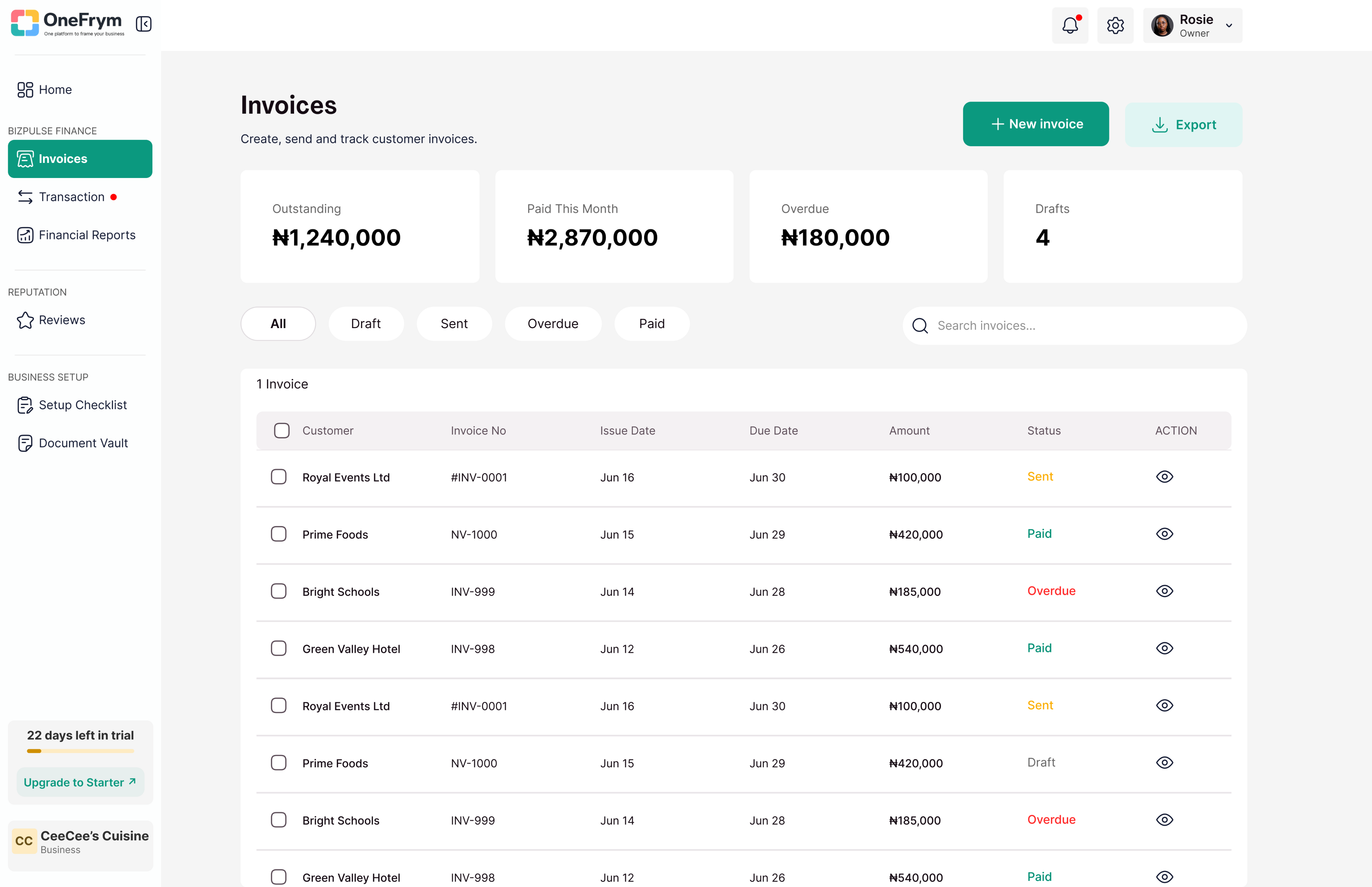 Transactions ledger in OneFrym