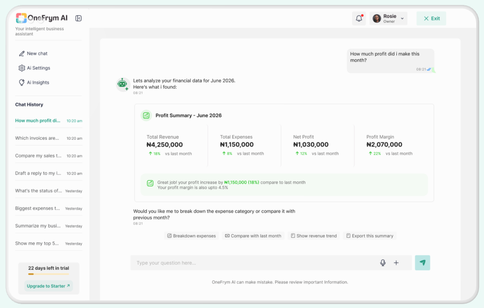 OneFrym AI answering a question about this month's profit with a full profit summary