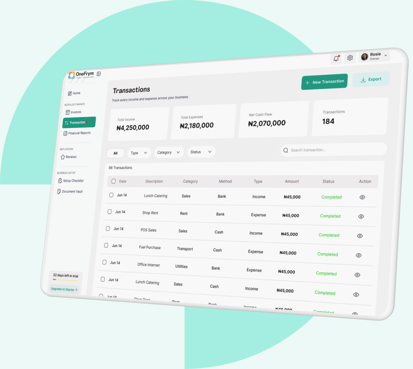 The OneFrym transactions screen listing income and expenses with running totals